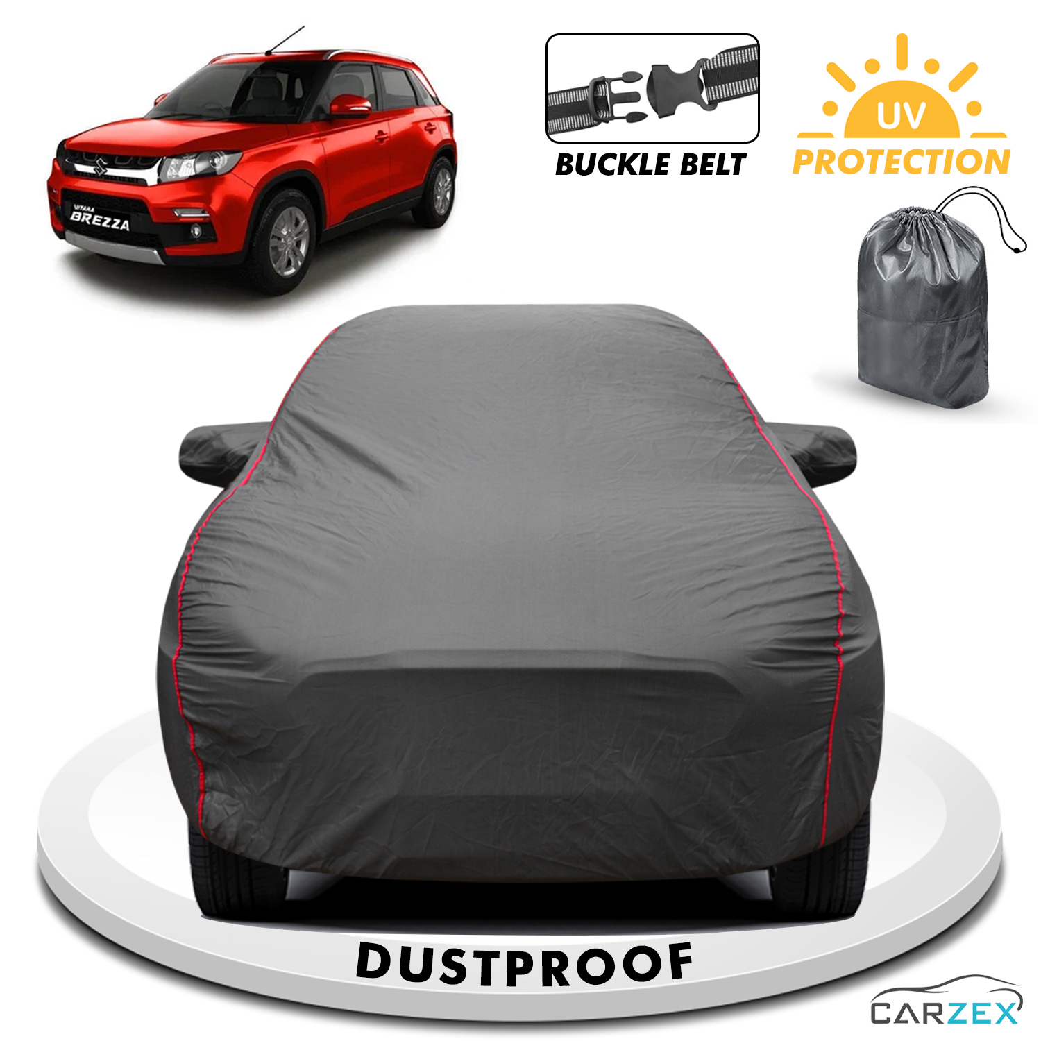 Carzex 2x2 Heavy Duty Red Border Car Body Cover For Maruti Suzuki Brezza Old